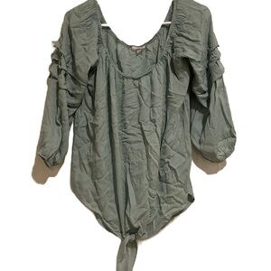 Eyeshadow Green Ruffled Tie Front Blouse with Bib Collar